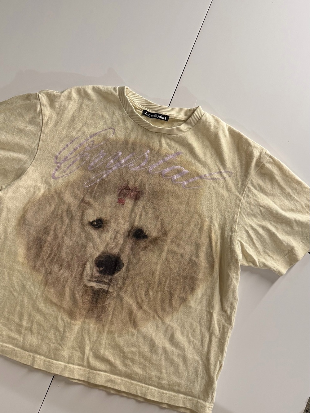 Acne Beige Poodle Graphic Tee with Lavender Script